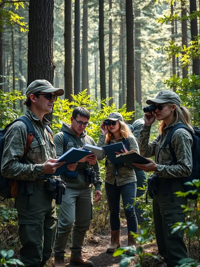 A photograph showing members of SOCIETE DE CHASSE LA FRATERNELLE conducting a wildlife census in a local forest, emphasizing the importance of monitoring and conservation efforts.