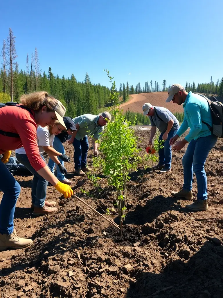 A photograph of volunteers planting trees in a deforested area, illustrating habitat restoration efforts.