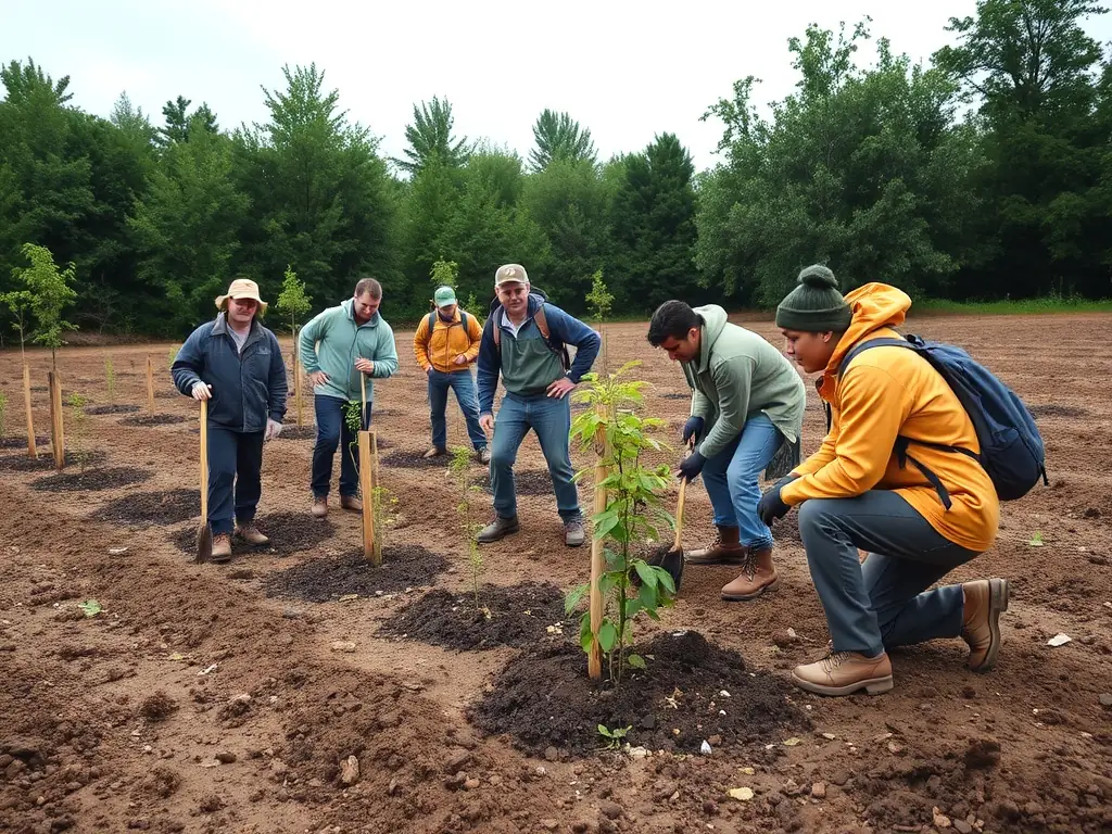 A vibrant image depicting volunteers planting trees in a deforested area, symbolizing habitat restoration efforts by SOCIETE DE CHASSE LA FRATERNELLE.