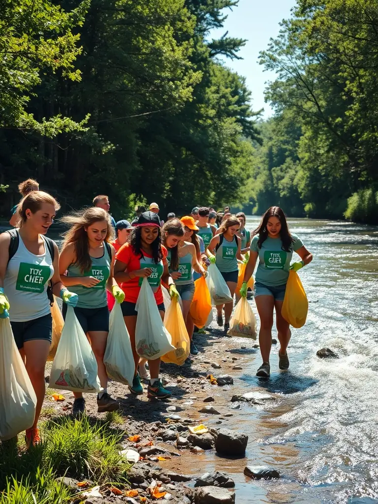 A group of members participating in a community cleanup event in a local forest.