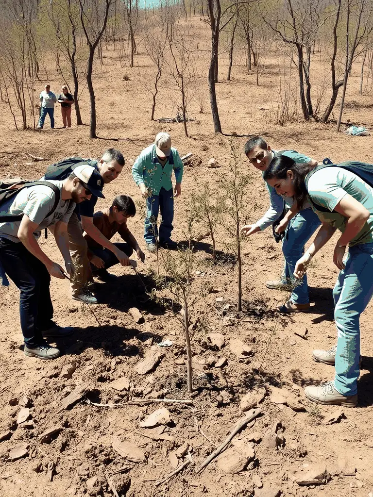 A photograph depicting volunteers planting trees as part of a habitat restoration project organized by SOCIETE DE CHASSE LA FRATERNELLE, showcasing community involvement and environmental stewardship.