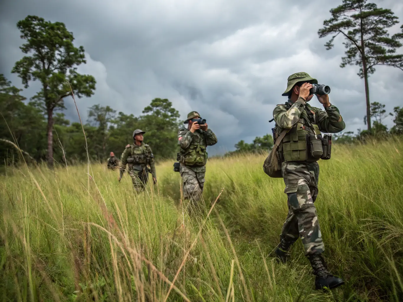 A photograph of SOCIETE DE CHASSE LA FRATERNELLE members patrolling a local reserve to prevent poaching and protect wildlife.