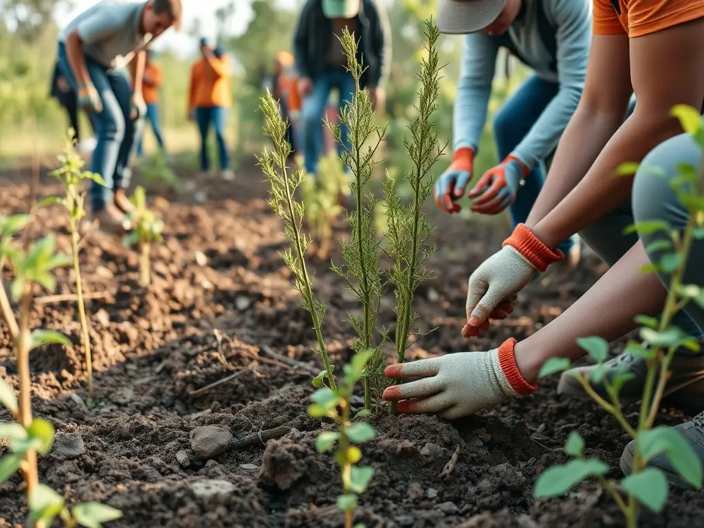 A photograph showcasing a group of volunteers planting trees in a deforested area, symbolizing habitat restoration efforts.