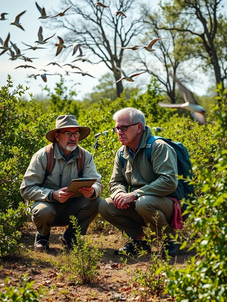 An image of members conducting wildlife monitoring using binoculars and field equipment.